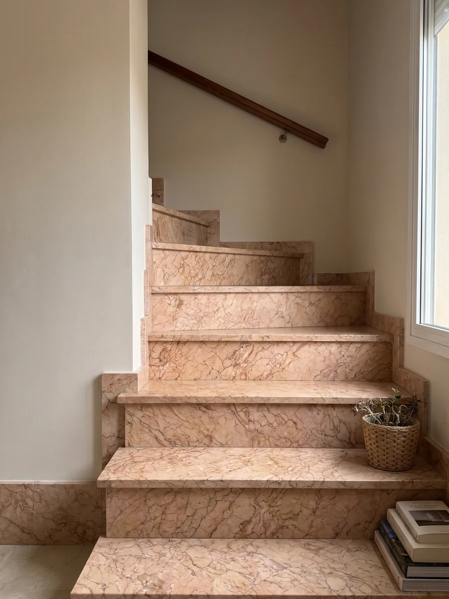 Escalera interior con peldaños de Mármol Crema Valencia con pasamanos: salmón rosado con una red densa de vetas marrones finas