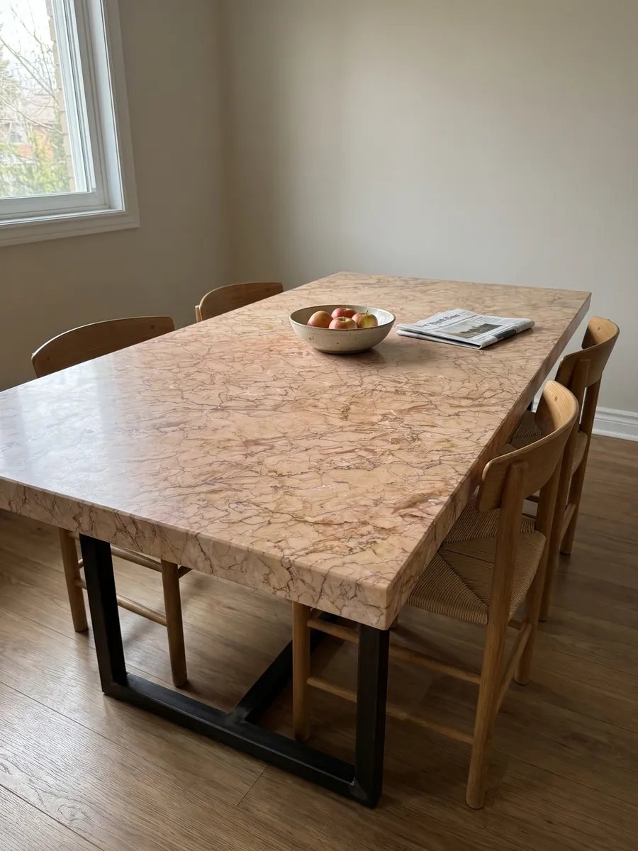 Mesa de comedor con cubierta de Mármol Crema Valencia sobre base de acero: salmón rosado con una red densa de vetas marrones finas