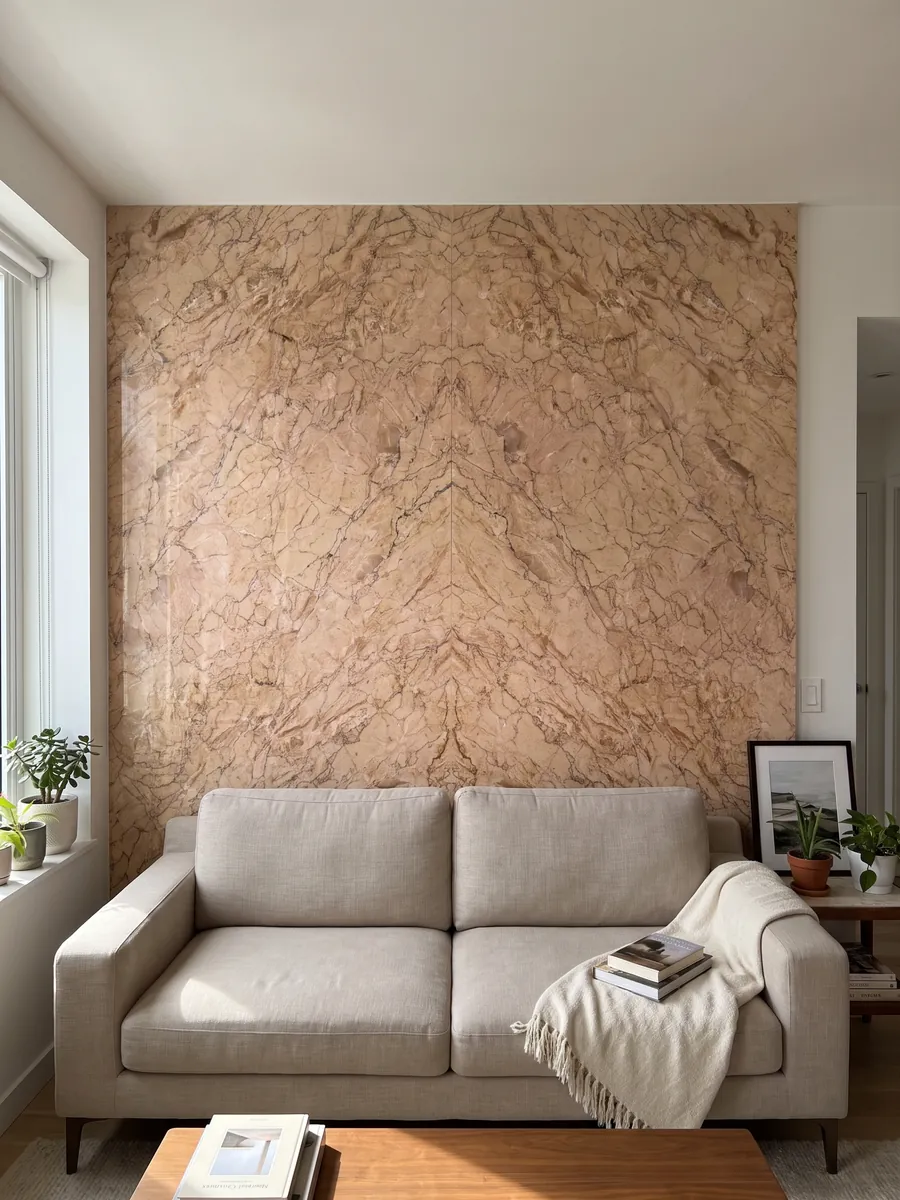 Pared de sala revestida con placas de Mármol Crema Valencia abiertas en libro detrás de un sofá: salmón rosado con una red densa de vetas marrones finas