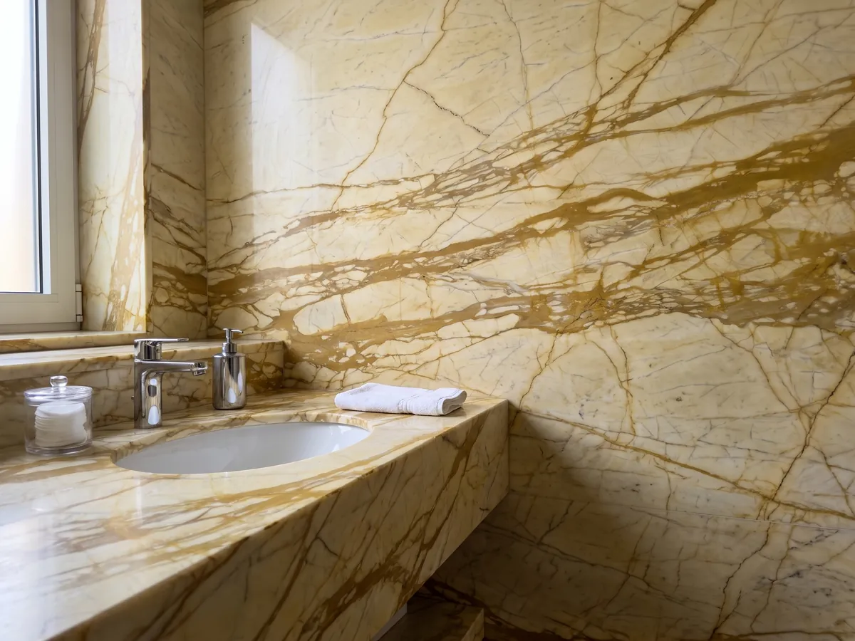 Cubierta de lavabo y pared de baño en mármol dorado Calacatta Siena con lavamanos blanco y grifería cromada: amarillo pálido con red de vetas ocre dorado gruesas en horizontal