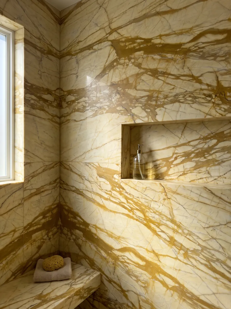 Ducha revestida con placas enteras de mármol dorado Calacatta Siena con nicho empotrado: amarillo pálido con red de vetas ocre dorado gruesas en horizontal