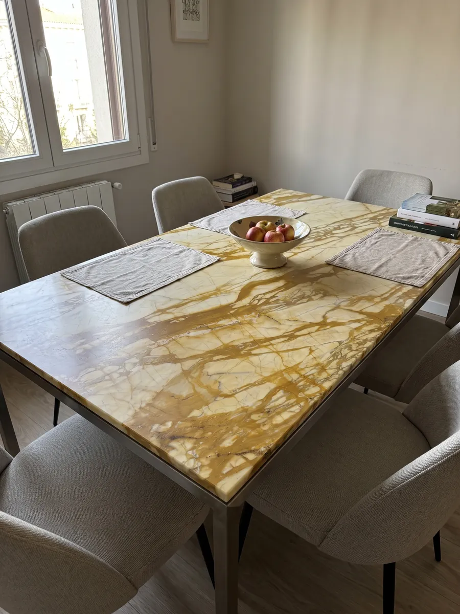 Mesa de comedor con cubierta de mármol dorado Calacatta Siena sobre base de acero: amarillo pálido con red de vetas ocre dorado gruesas en horizontal