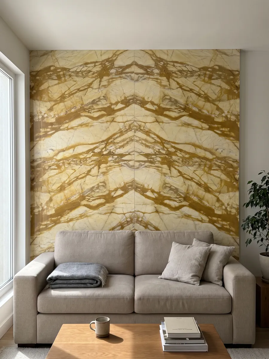 Pared de sala revestida con placas de mármol dorado Calacatta Siena abiertas en libro detrás de un sofá: amarillo pálido con red de vetas ocre dorado gruesas en horizontal