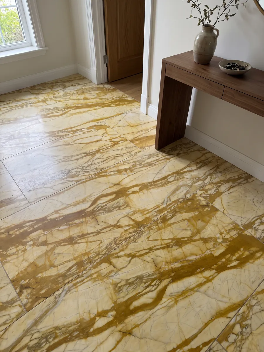 Piso de recibidor en placas grandes de mármol dorado Calacatta Siena con luz natural: amarillo pálido con red de vetas ocre dorado gruesas en horizontal