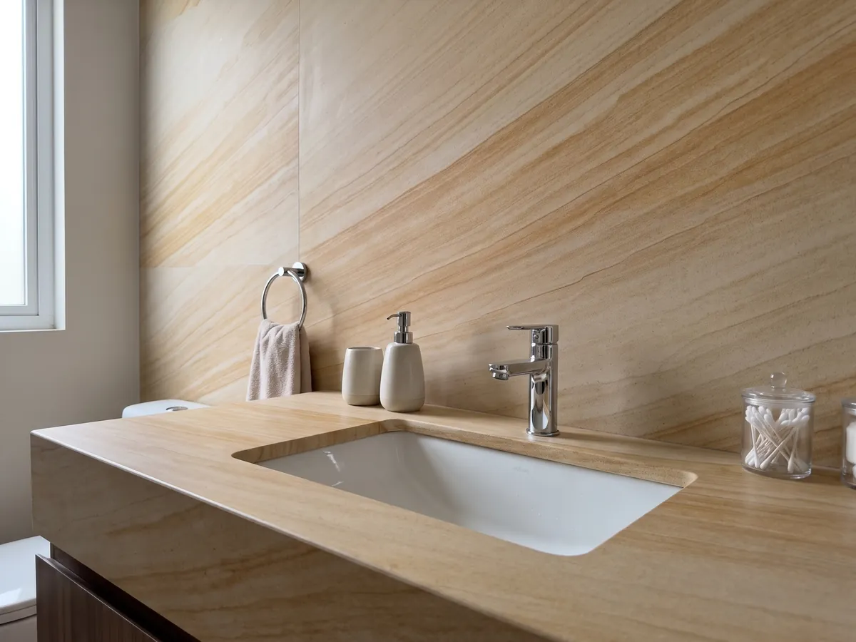 Cubierta de lavabo y pared de baño en mármol dorado Douglas con lavamanos blanco y grifería cromada: bandas paralelas ocre y crema en diagonal, con aspecto de arenisca