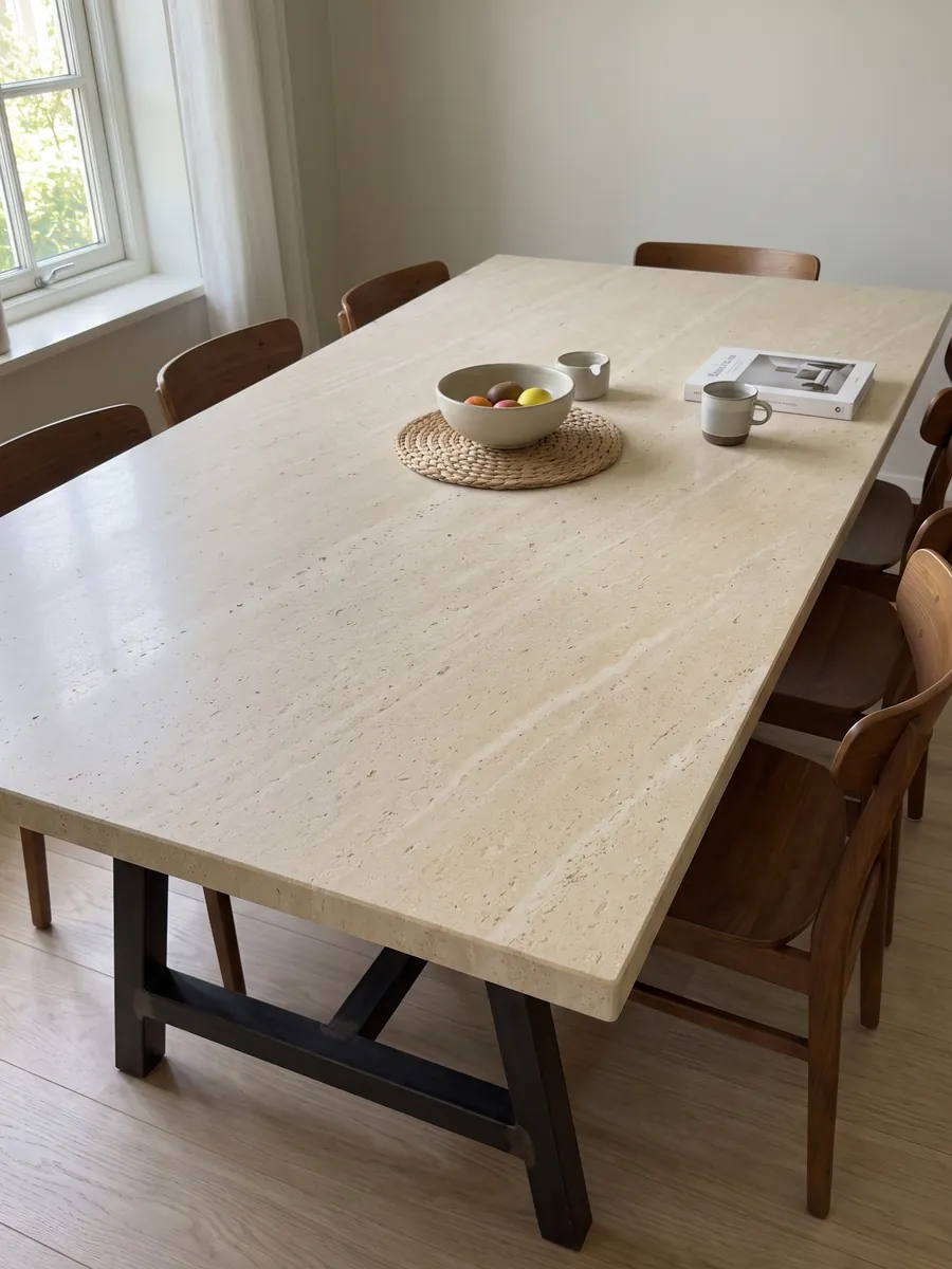 Mesa de comedor con cubierta de Mármol Fior di Crema sobre base de acero: superficie crema muy pareja, de grano fino y sin vetas visibles
