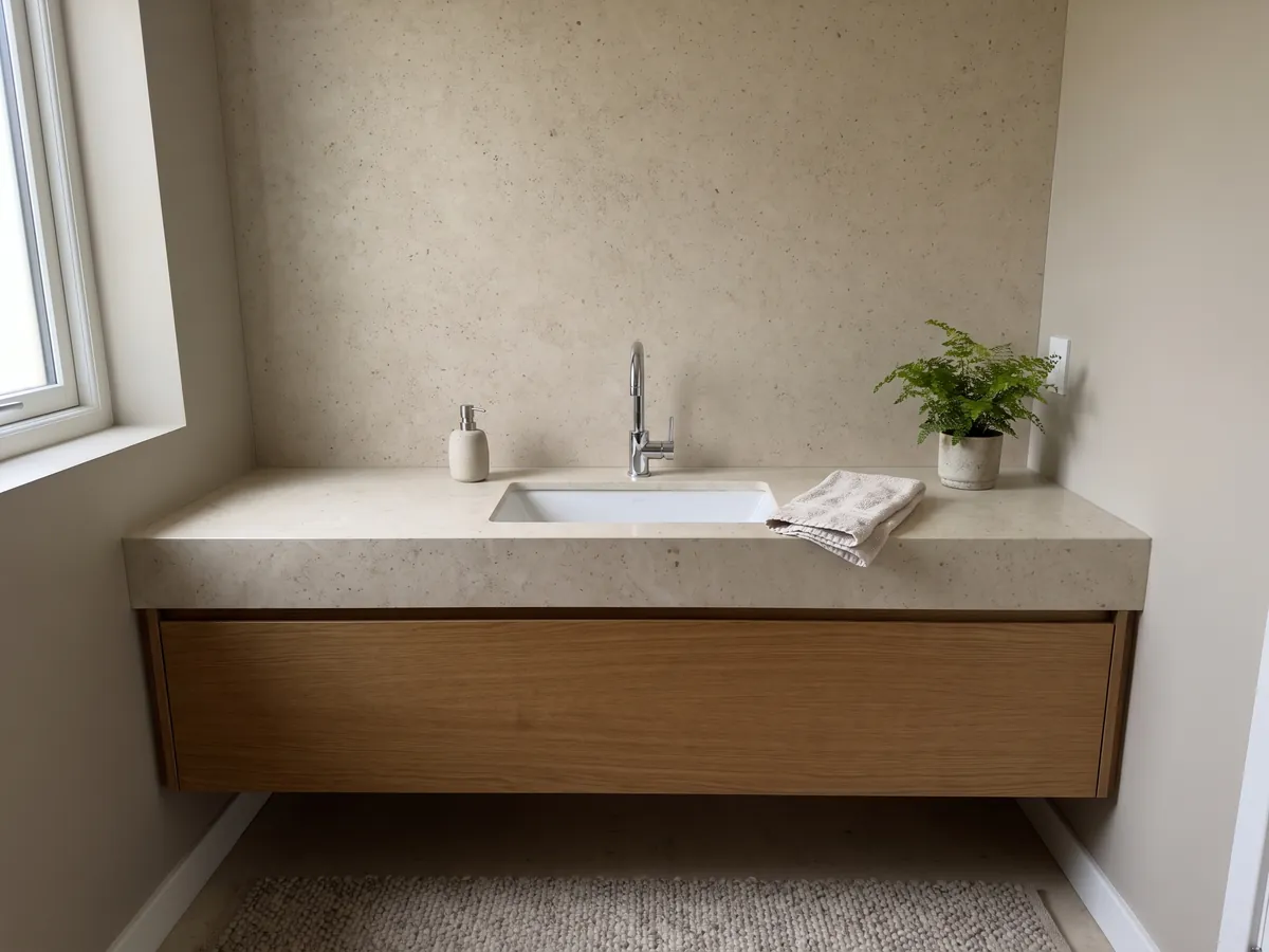 Cubierta de lavabo y pared de baño en Mármol Gascogne Beige con lavamanos blanco y grifería cromada: beige grisáceo casi liso, con puntitos oscuros apenas visibles