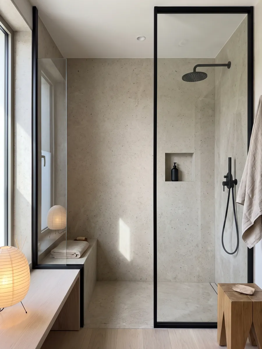 Ducha revestida con placas enteras de Mármol Gascogne Beige con nicho empotrado: beige grisáceo casi liso, con puntitos oscuros apenas visibles