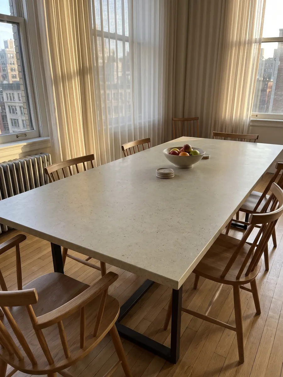 Mesa de comedor con cubierta de Mármol Gascogne Beige sobre base de acero: beige grisáceo casi liso, con puntitos oscuros apenas visibles