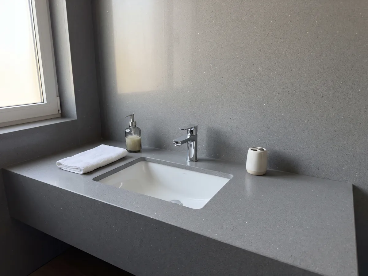 Cubierta de lavabo y pared de baño en Mármol Gris Aitos con lavamanos blanco y grifería cromada: gris medio de grano fino y salpicado parejo, sin vetas