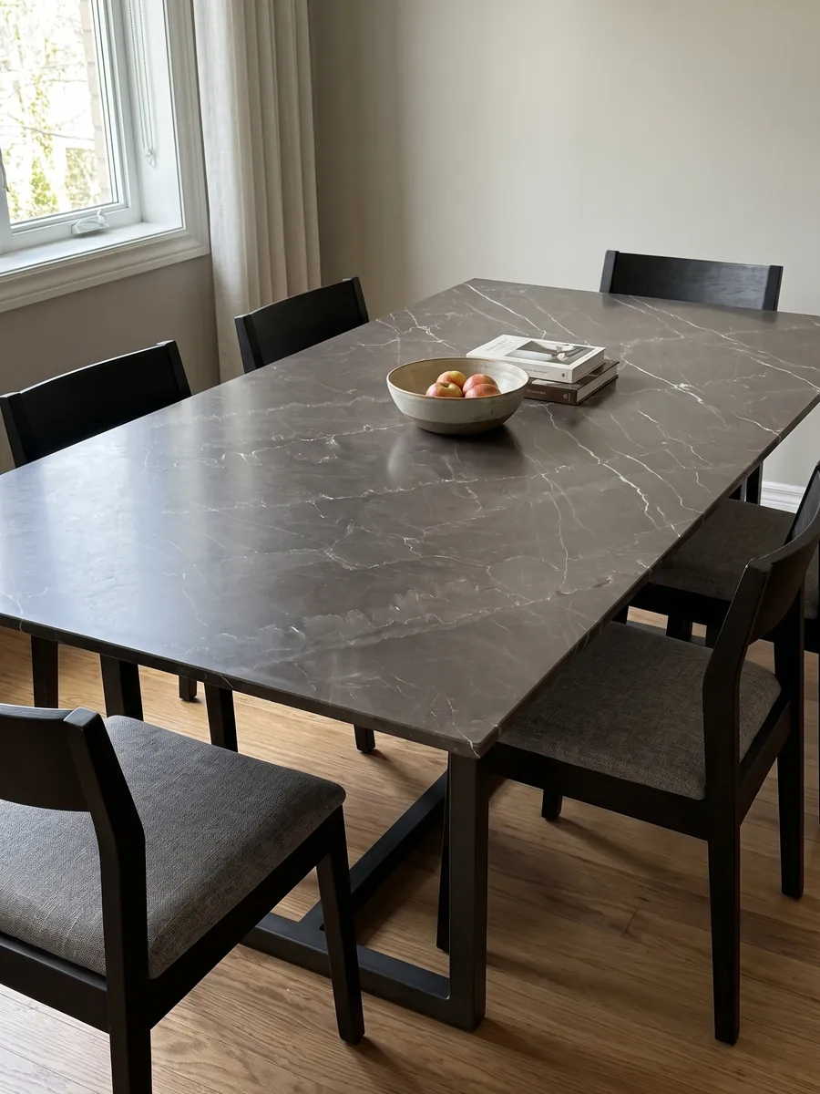 Mesa de comedor con cubierta de Mármol Gris Amani sobre base de acero: fondo topo oscuro cruzado por vetas blancas finas en diagonal