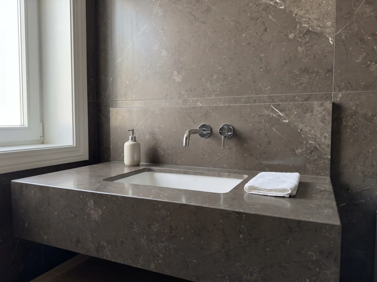Cubierta de lavabo y pared de baño en Mármol Gris Antracite con lavamanos blanco y grifería cromada: gris topo con pequeñas motas y apenas alguna veta blanca fina
