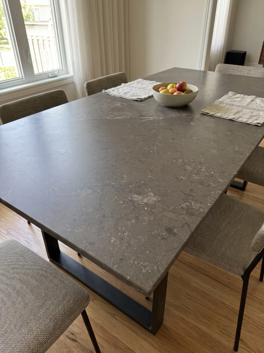 Mesa de comedor con cubierta de Mármol Gris Antracite sobre base de acero: gris topo con pequeñas motas y apenas alguna veta blanca fina