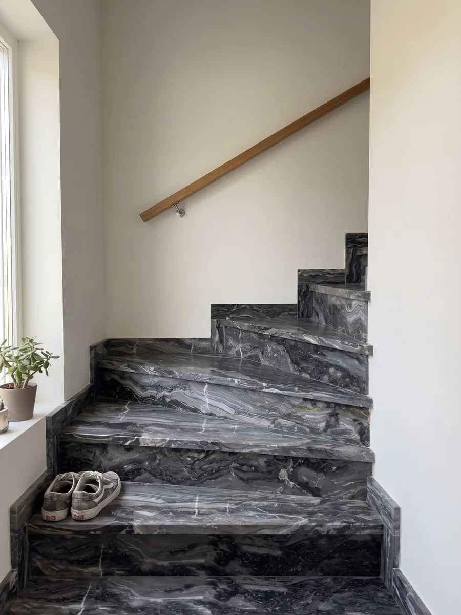 Escalera interior con peldaños de mármol gris Arabescato Grigio Orobico con pasamanos: gris antracita con ondas horizontales y algunas vetas blancas finas que lo cortan verticalmente