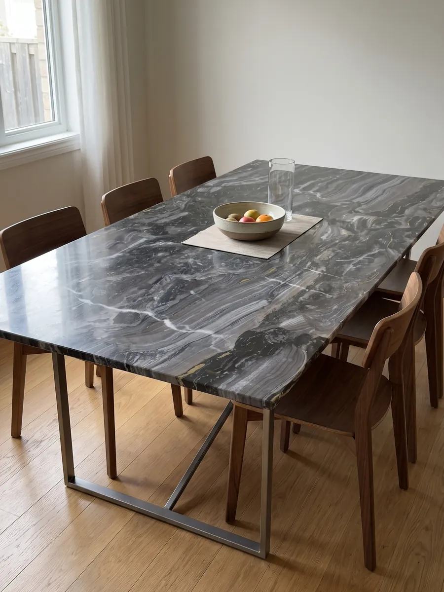 Mesa de comedor con cubierta de mármol gris Arabescato Grigio Orobico sobre base de acero: gris antracita con ondas horizontales y algunas vetas blancas finas que lo cortan verticalmente