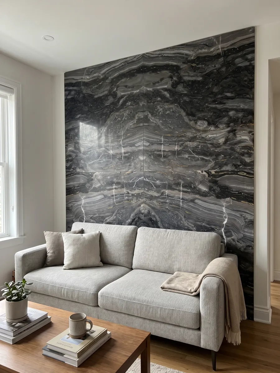 Pared de sala revestida con placas de mármol gris Arabescato Grigio Orobico abiertas en libro: gris antracita con ondas horizontales y algunas vetas blancas finas que lo cortan verticalmente