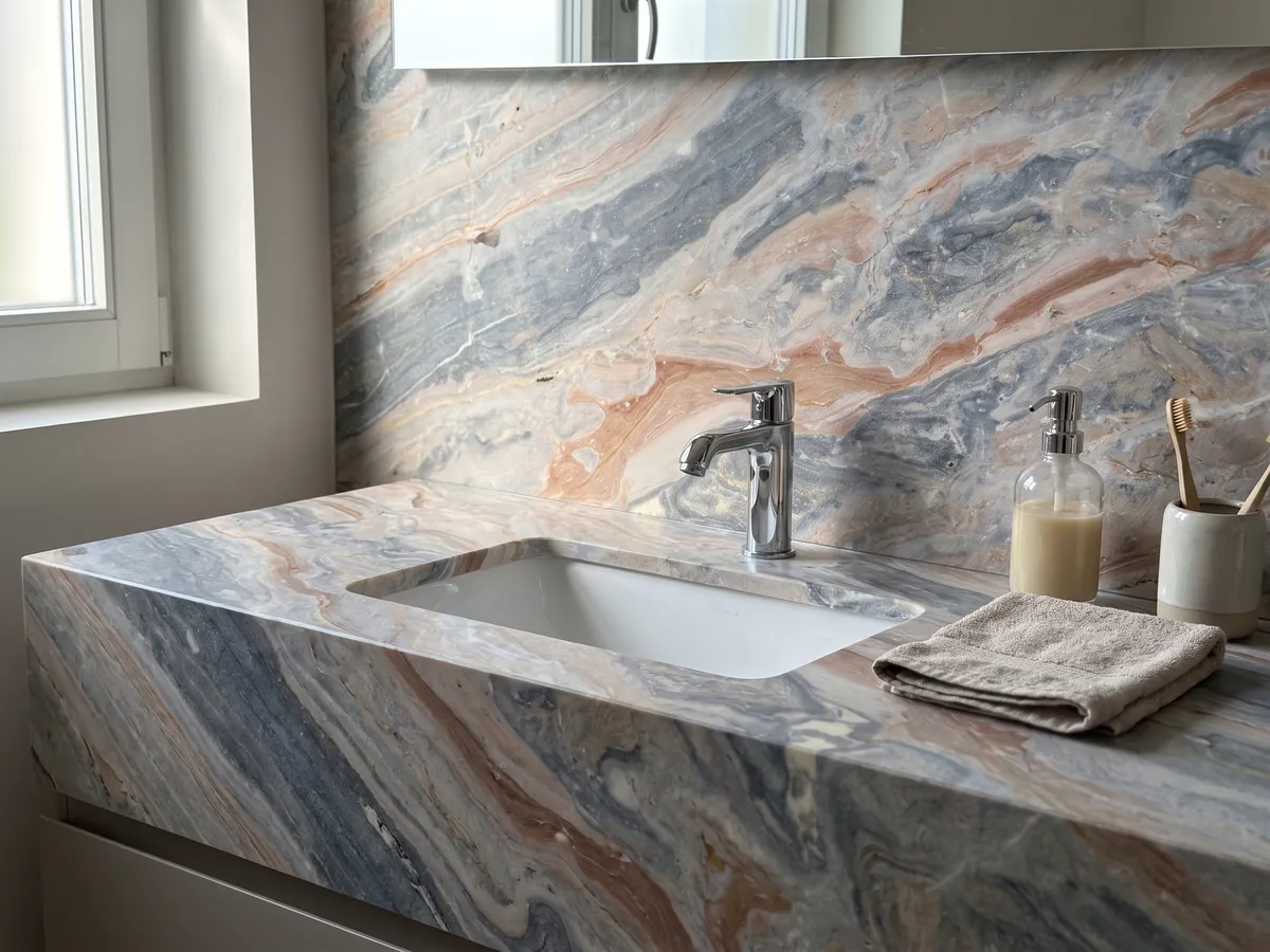 Cubierta de lavabo y pared de baño en mármol gris Arabescato Orobico Grigiorosa con lavamanos blanco y grifería cromada: ondas mezcladas de gris azulado y rosa salmón en diagonal sobre toda la placa