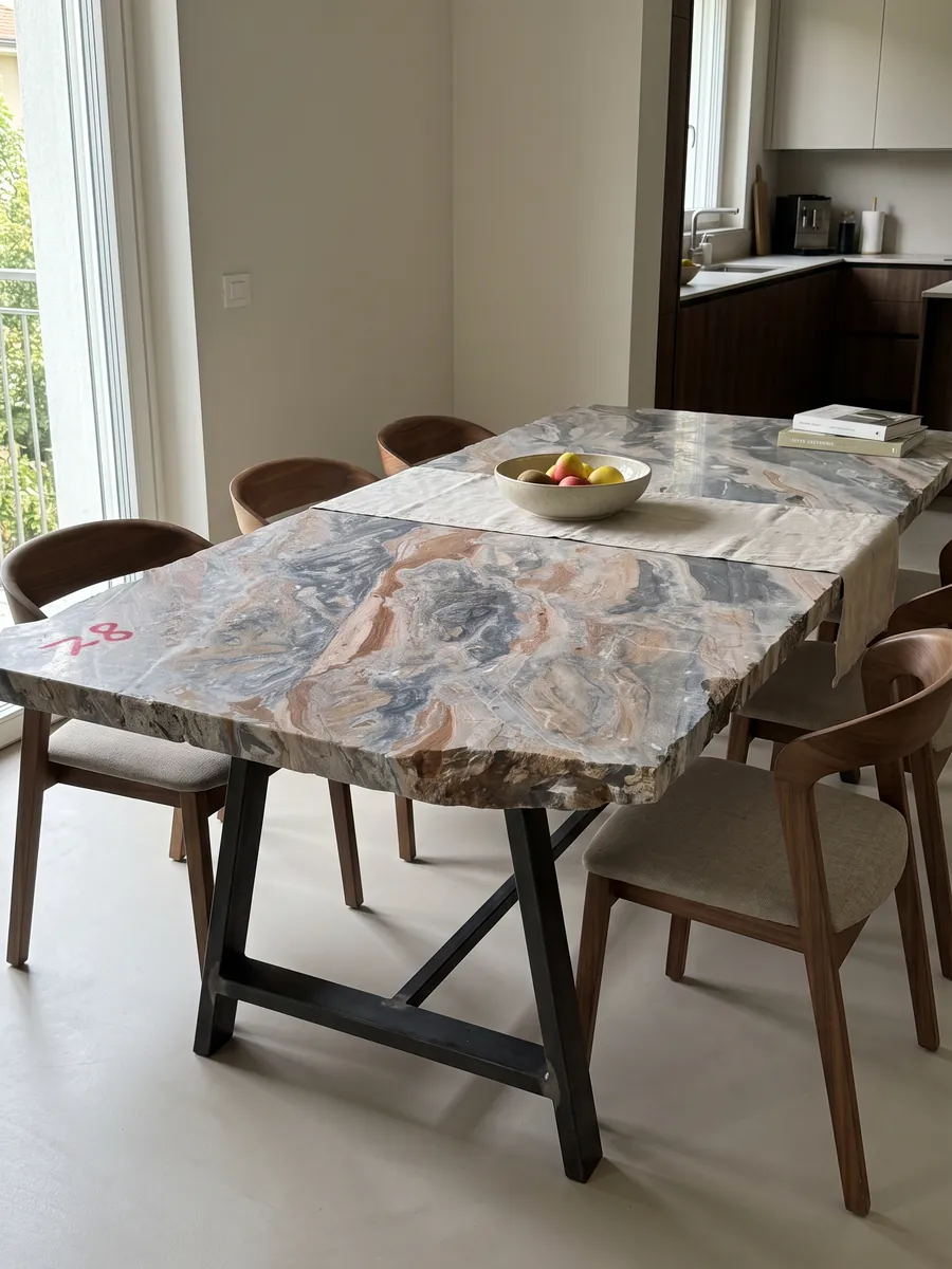 Mesa de comedor con cubierta de mármol gris Arabescato Orobico Grigiorosa sobre base de acero: ondas mezcladas de gris azulado y rosa salmón en diagonal sobre toda la placa