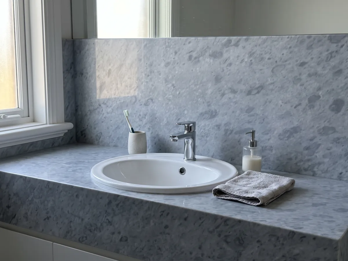 Cubierta de lavabo y pared de baño en mármol gris Bardiglio Imperial con lavamanos blanco y grifería cromada: gris azulado uniforme con manchas redondeadas apenas más oscuras