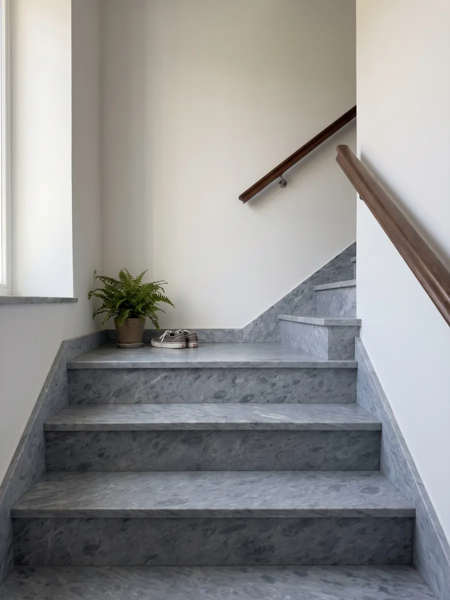 Escalera interior con peldaños de mármol gris Bardiglio Imperial con pasamanos: gris azulado uniforme con manchas redondeadas apenas más oscuras