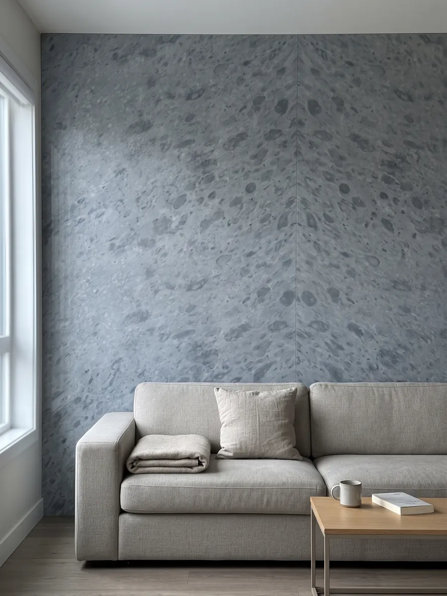 Pared de sala revestida con placas de mármol gris Bardiglio Imperial abiertas en libro detrás de un sofá: gris azulado uniforme con manchas redondeadas apenas más oscuras