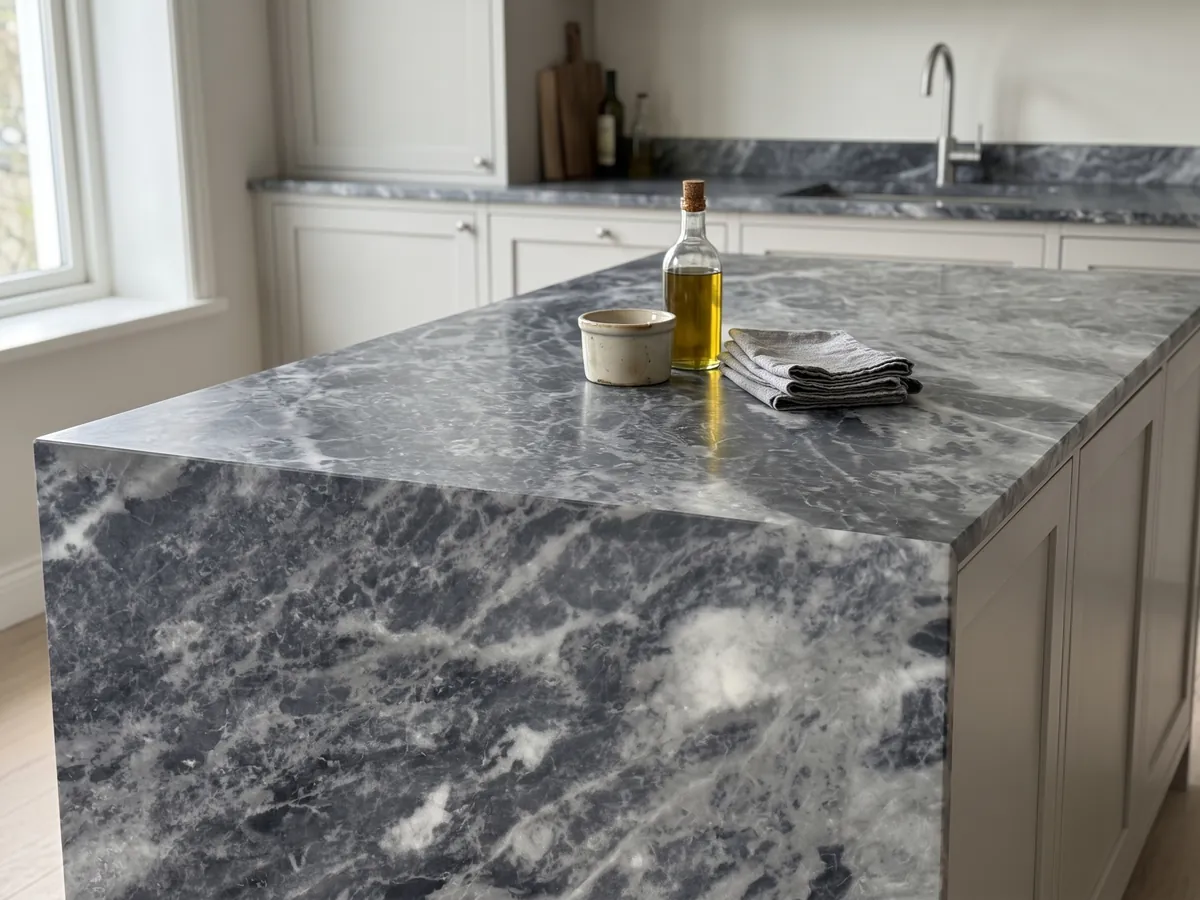 Isla de cocina con cubierta de mármol gris Bardiglio Nuvolato y canto recto en una cocina con luz natural: gris oscuro azulado con nubes y vetas blanquecinas difusas en diagonal
