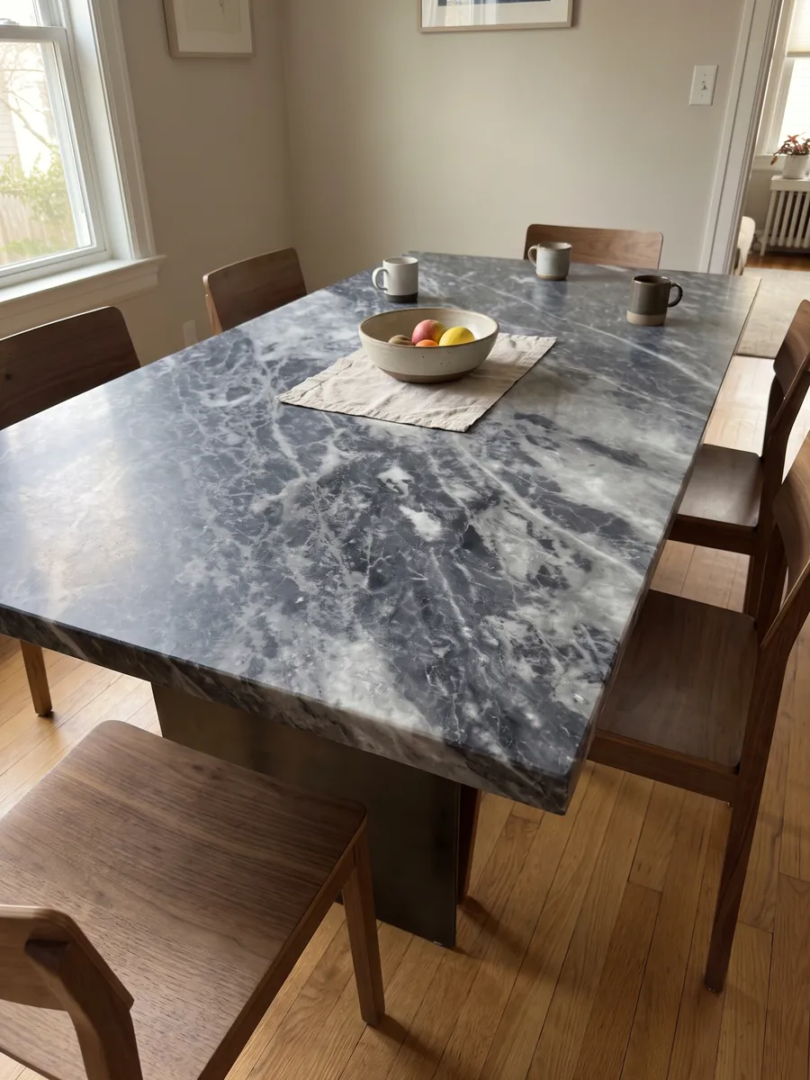 Mesa de comedor con cubierta de mármol gris Bardiglio Nuvolato sobre base de acero: gris oscuro azulado con nubes y vetas blanquecinas difusas en diagonal
