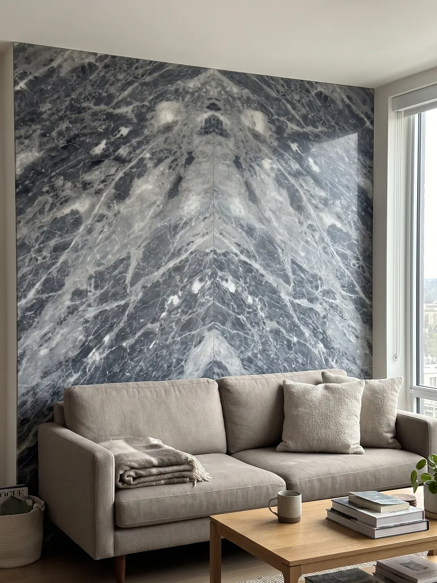 Pared de sala revestida con placas de mármol gris Bardiglio Nuvolato abiertas en libro detrás de un sofá: gris oscuro azulado con nubes y vetas blanquecinas difusas en diagonal