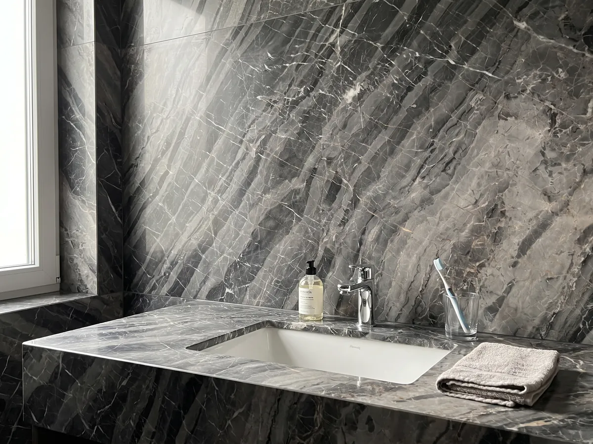 Cubierta de lavabo y pared de baño en mármol gris Bellagio con lavamanos blanco y grifería cromada: bandas grises diagonales escalonadas con una red de vetas blancas finas