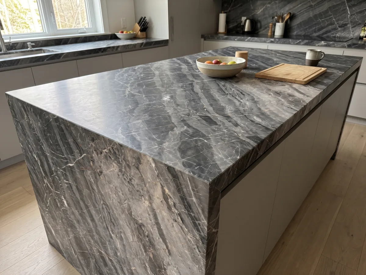 Isla de cocina con cubierta de mármol gris Bellagio y canto recto en una cocina con luz natural: bandas grises diagonales escalonadas con una red de vetas blancas finas