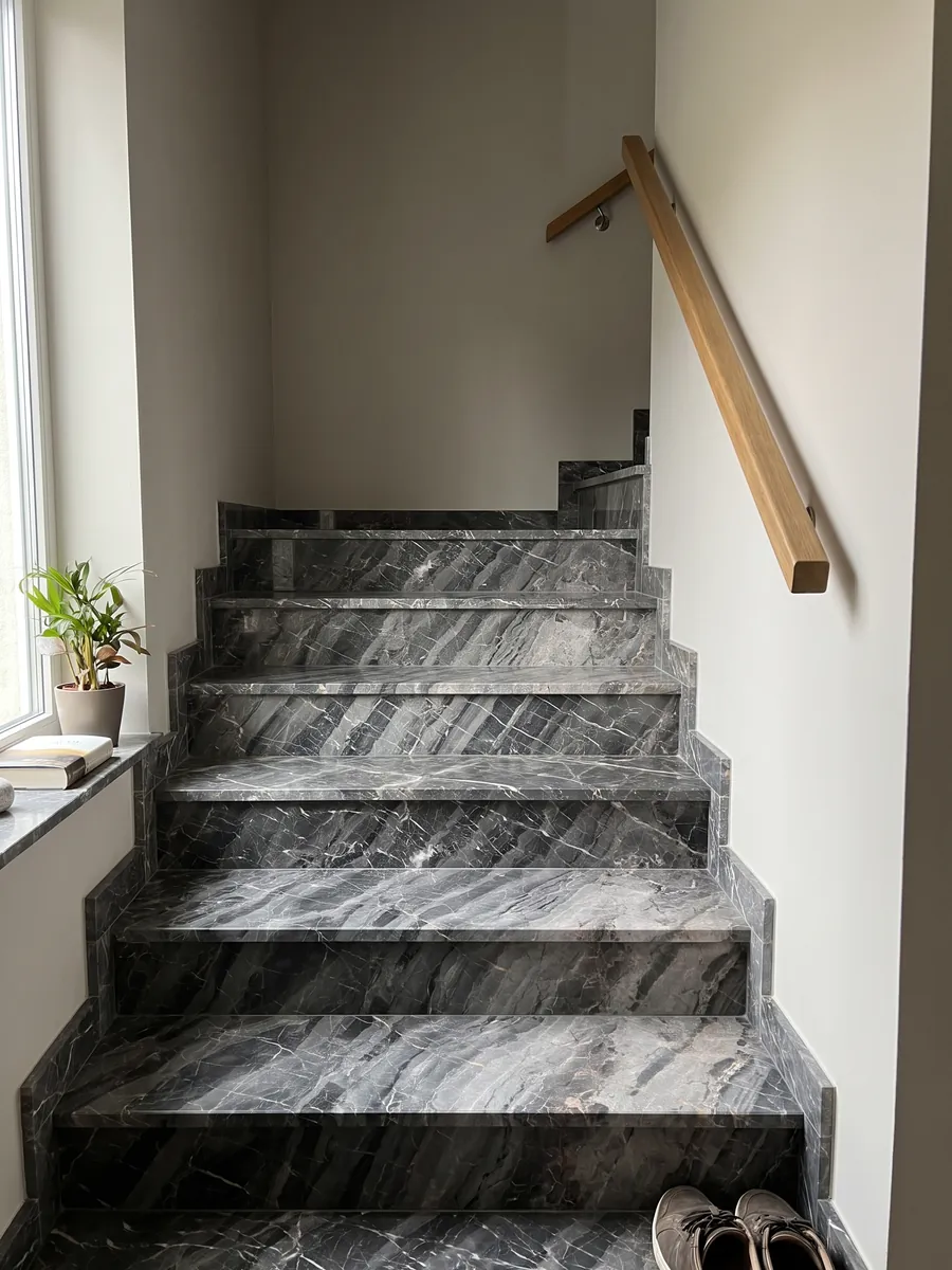 Escalera interior con peldaños de mármol gris Bellagio con pasamanos: bandas grises diagonales escalonadas con una red de vetas blancas finas