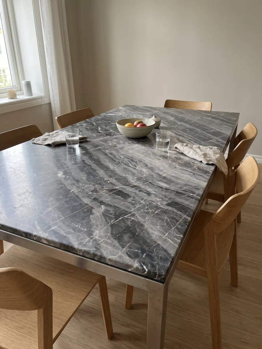 Mesa de comedor con cubierta de mármol gris Bellagio sobre base de acero: bandas grises diagonales escalonadas con una red de vetas blancas finas