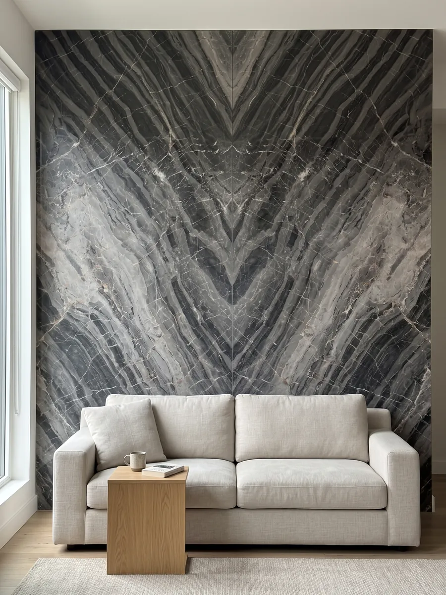 Pared de sala revestida con placas de mármol gris Bellagio abiertas en libro detrás de un sofá: bandas grises diagonales escalonadas con una red de vetas blancas finas