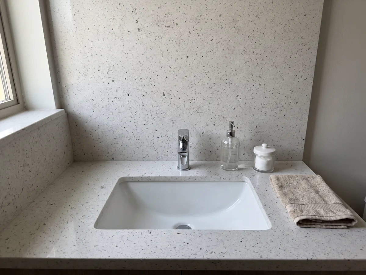 Cubierta de lavabo y pared de baño en mármol gris Bianco Martel con lavamanos blanco y grifería cromada: gris claro liso con muchos puntos oscuros pequeños repartidos