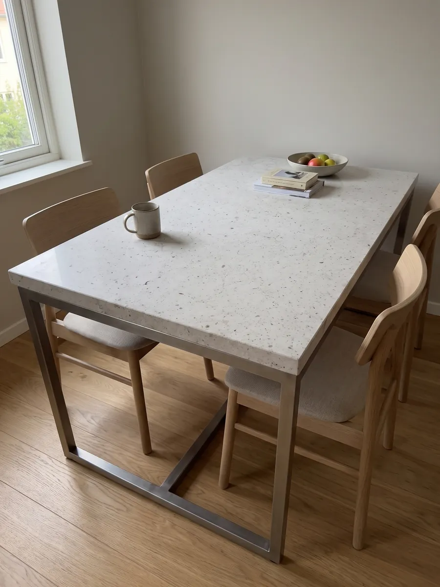 Mesa de comedor con cubierta de mármol gris Bianco Martel sobre base de acero: gris claro liso con muchos puntos oscuros pequeños repartidos