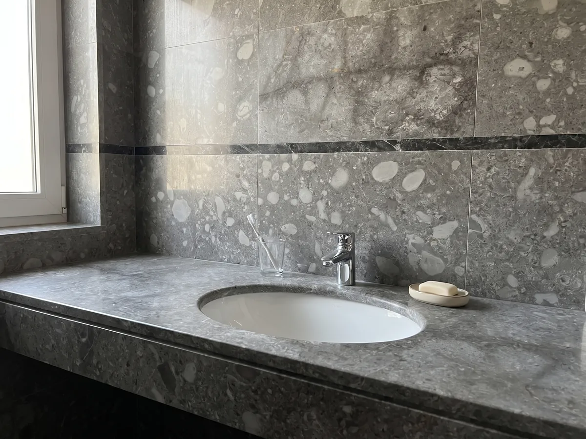 Cubierta de lavabo y pared de baño en Mármol Gris Billiemi con lavamanos blanco y grifería cromada: gris con manchas claras en forma de nubes y una franja oscura horizontal