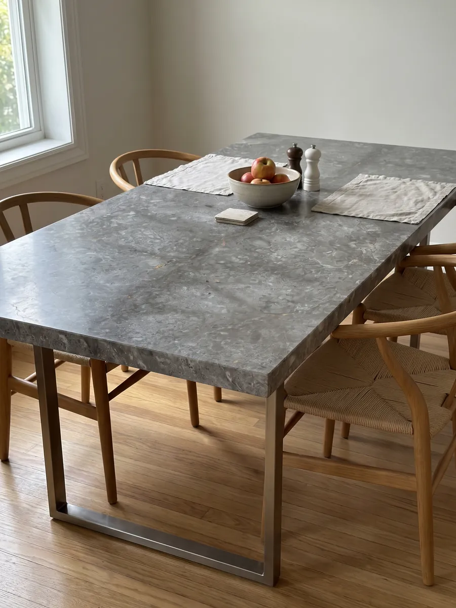 Mesa de comedor con cubierta de Mármol Gris Billiemi sobre base de acero: gris con manchas claras en forma de nubes y una franja oscura horizontal
