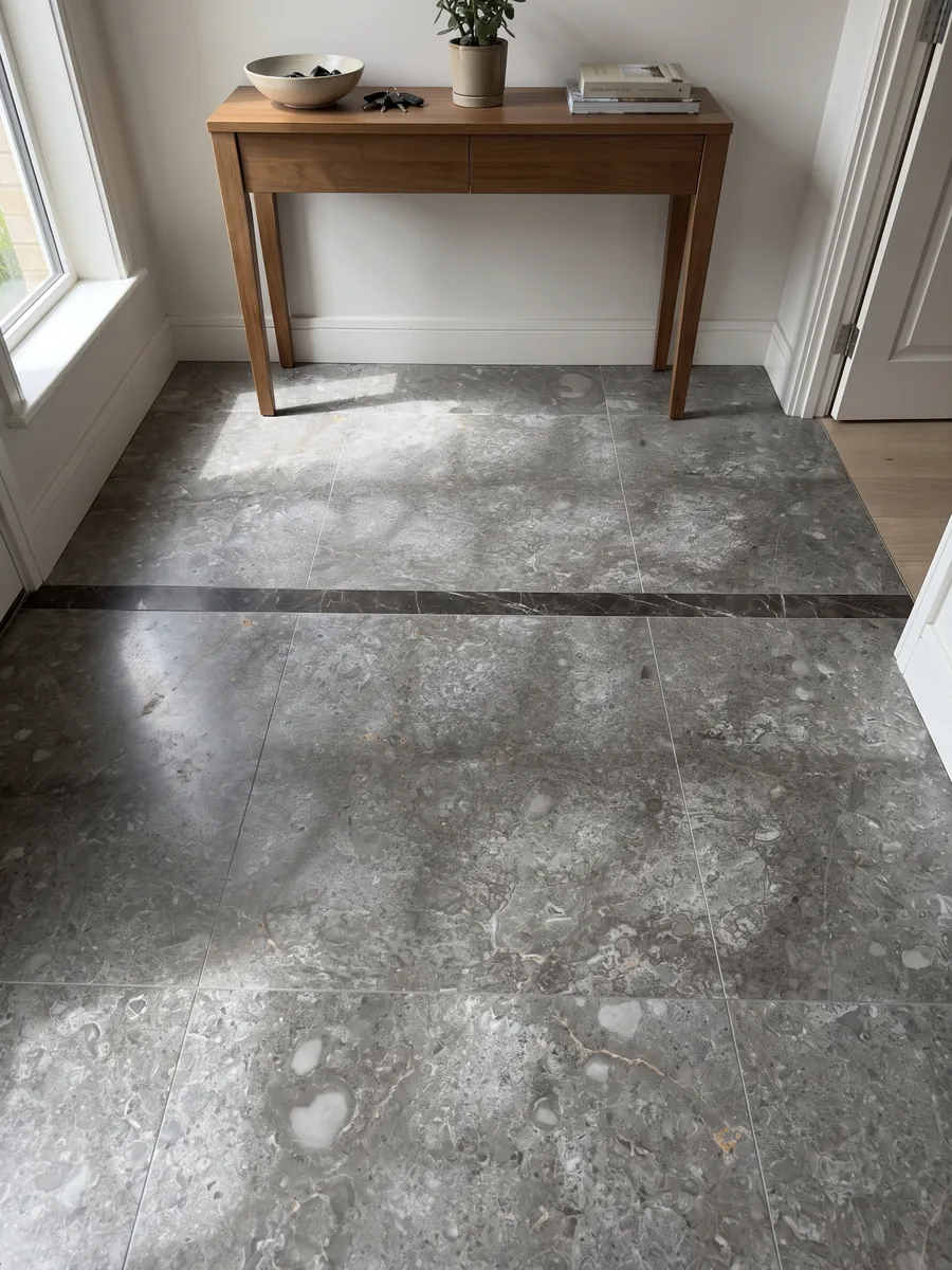 Piso de recibidor en placas grandes de Mármol Gris Billiemi con luz natural: gris con manchas claras en forma de nubes y una franja oscura horizontal