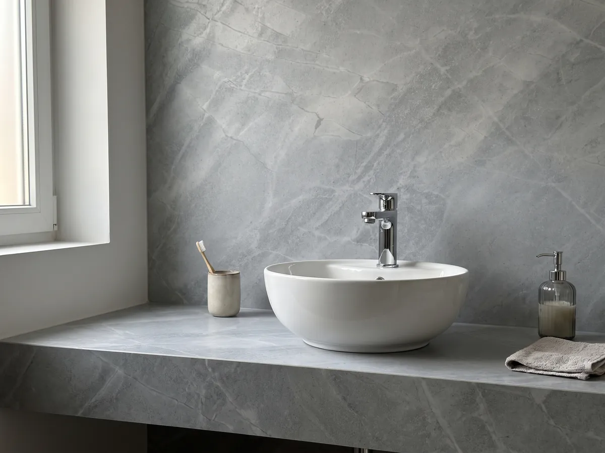 Cubierta de lavabo y pared de baño en mármol gris Bleu de Savoie con lavamanos blanco y grifería cromada: gris azulado con vetas claras finas en red y nubes más claras
