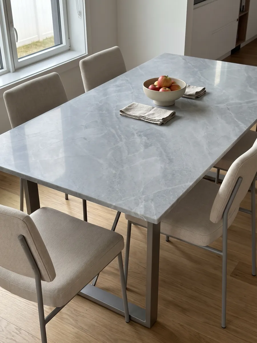 Mesa de comedor con cubierta de mármol gris Bleu de Savoie sobre base de acero: gris azulado con vetas claras finas en red y nubes más claras