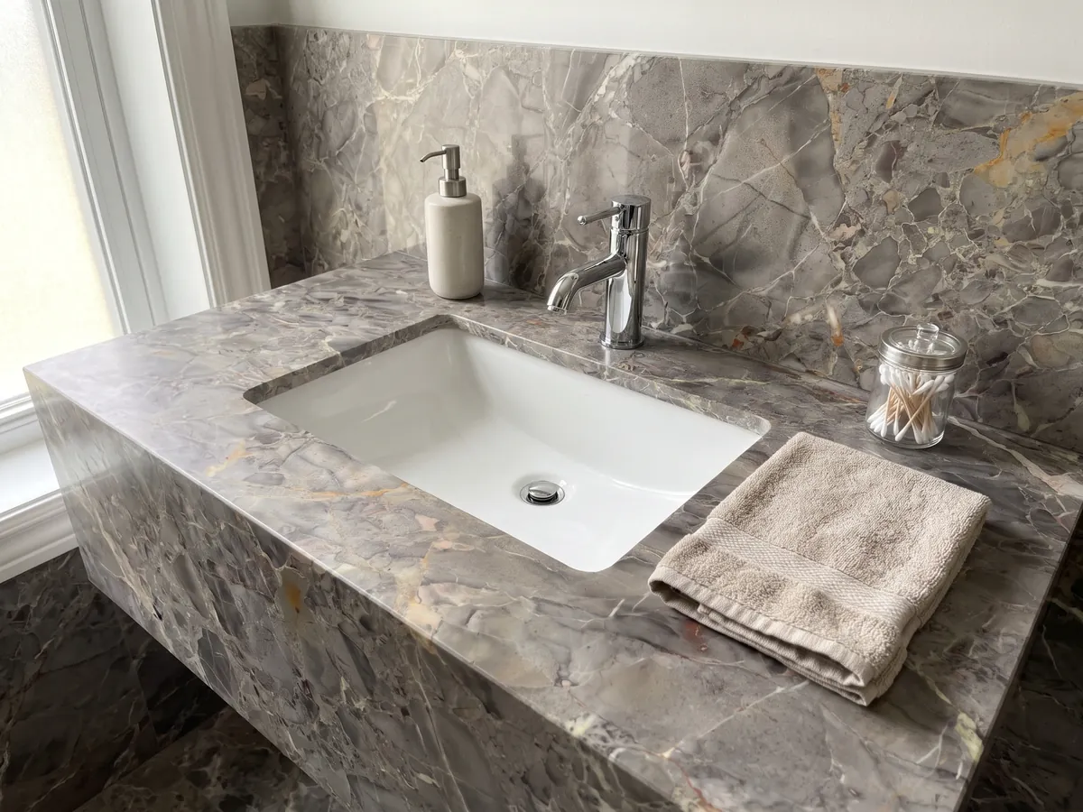 Cubierta de lavabo y pared de baño en mármol gris Breccia di Versailles con lavamanos blanco y grifería cromada: gris pardo con fragmentos difusos, vetas claras finas y toques ocre