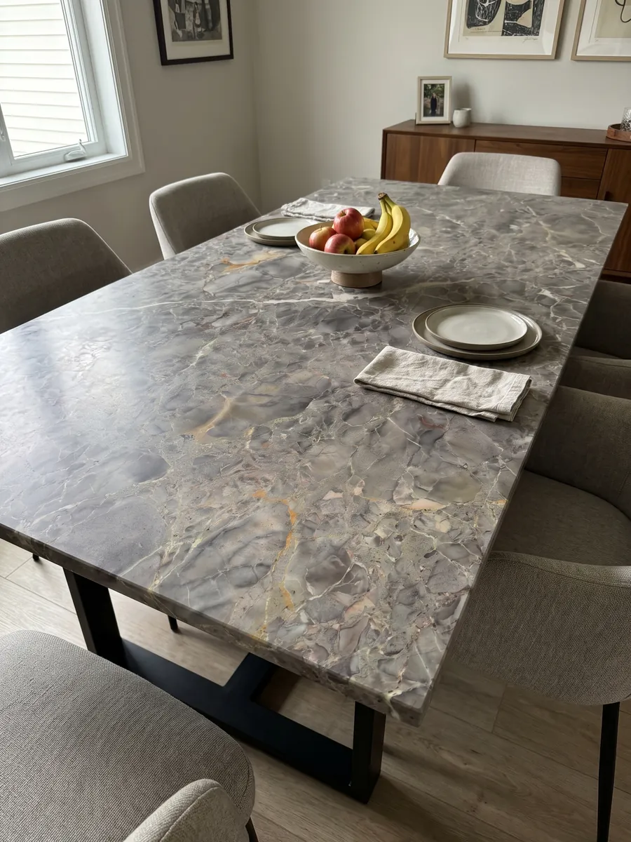 Mesa de comedor con cubierta de mármol gris Breccia di Versailles sobre base de acero: gris pardo con fragmentos difusos, vetas claras finas y toques ocre