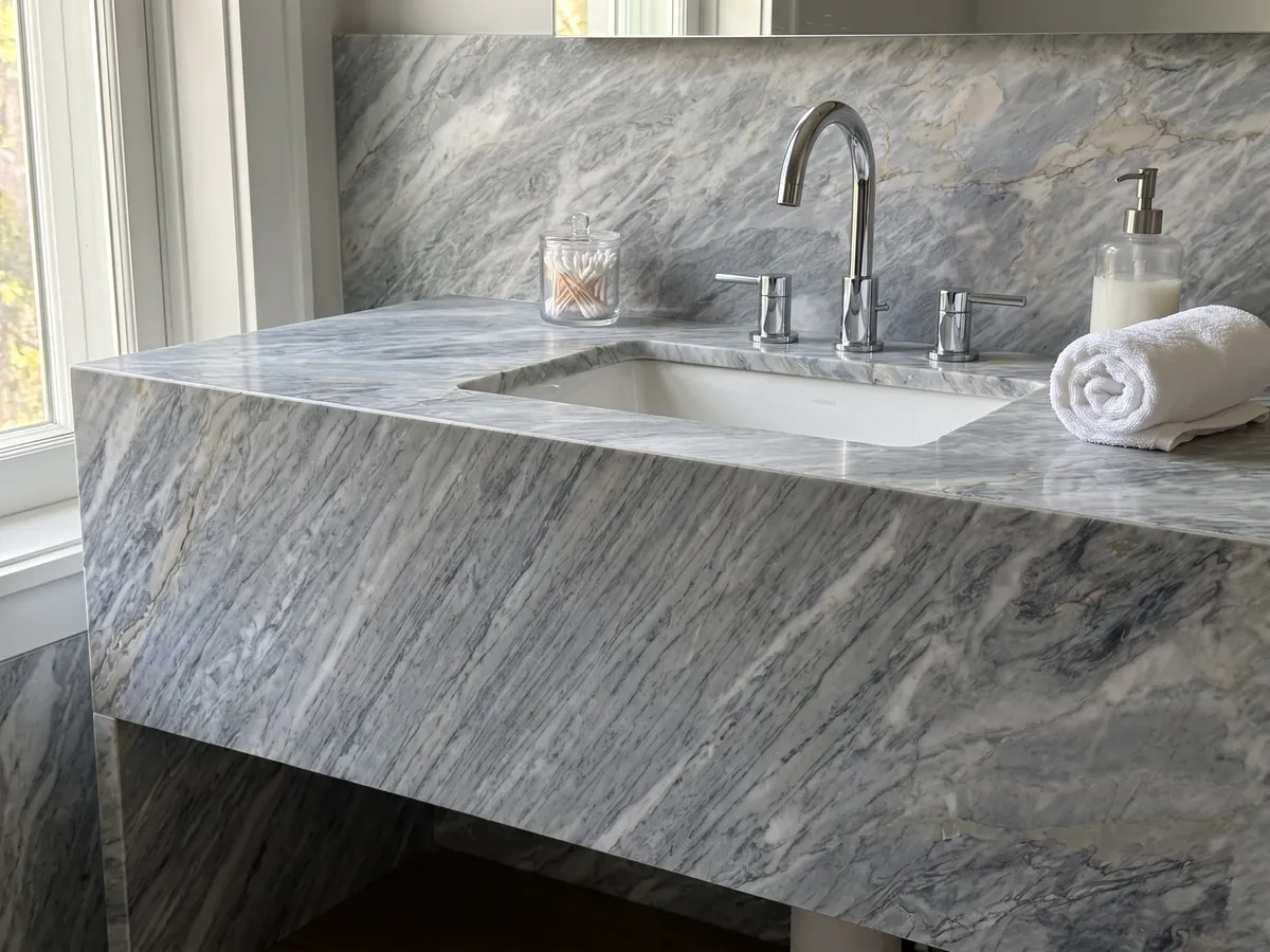 Cubierta de lavabo y pared de baño en mármol gris Calacatta Bluette con lavamanos blanco y grifería cromada: gris azulado con trazos blancos y grises finos en diagonal muy densos
