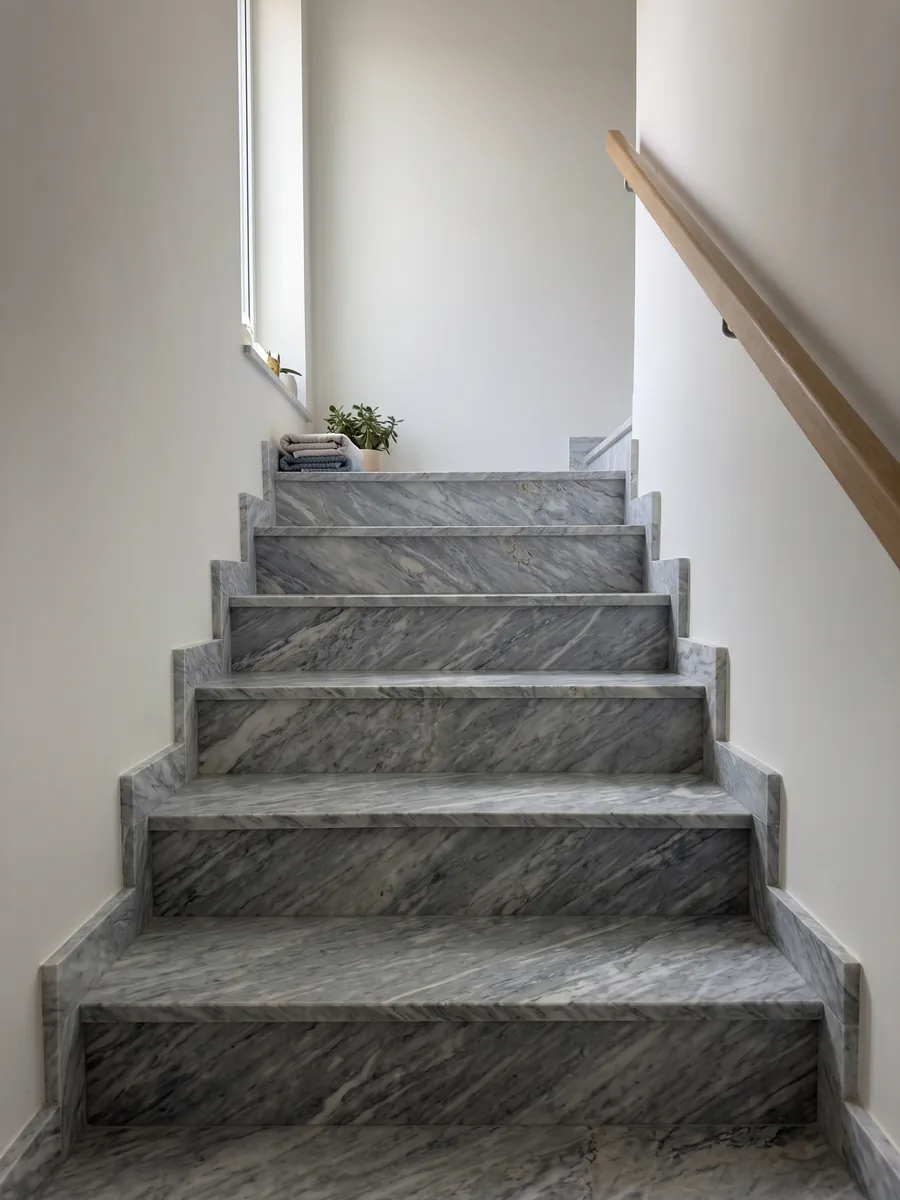 Escalera interior con peldaños de mármol gris Calacatta Bluette con pasamanos: gris azulado con trazos blancos y grises finos en diagonal muy densos