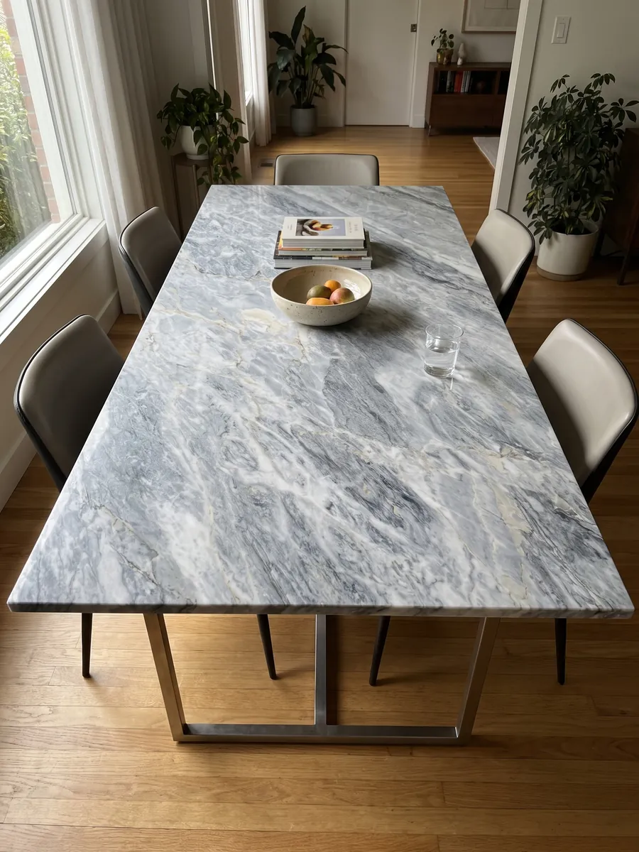 Mesa de comedor con cubierta de mármol gris Calacatta Bluette sobre base de acero: gris azulado con trazos blancos y grises finos en diagonal muy densos