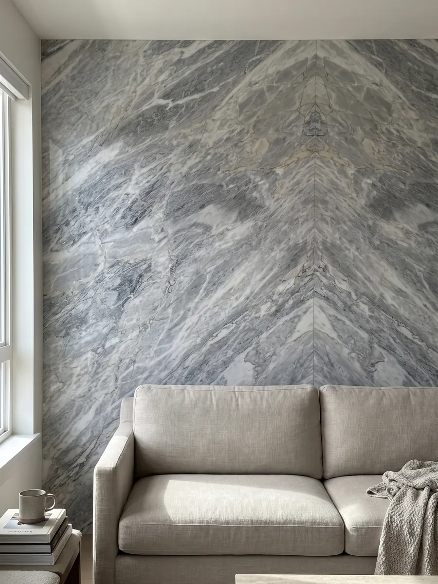 Pared de sala revestida con placas de mármol gris Calacatta Bluette abiertas en libro detrás de un sofá: gris azulado con trazos blancos y grises finos en diagonal muy densos