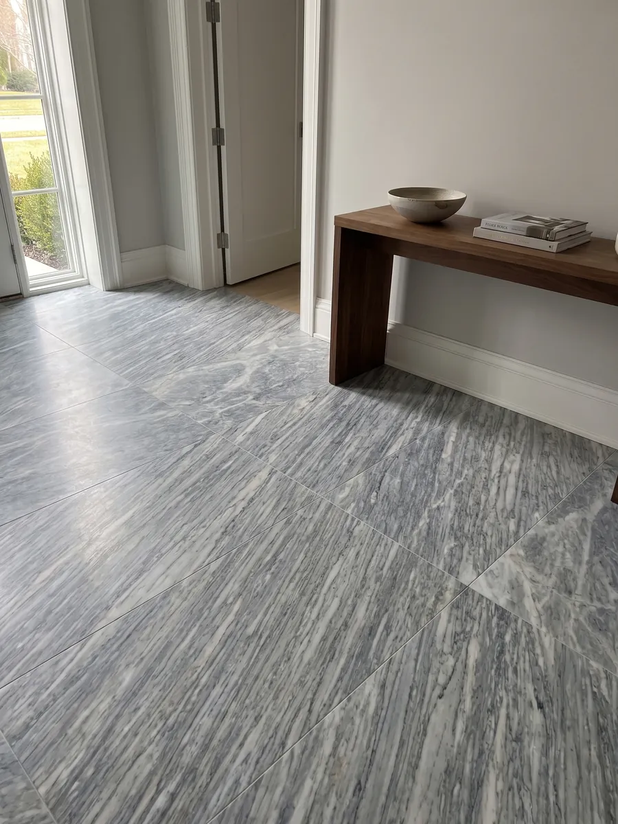 Piso de recibidor en placas grandes de mármol gris Calacatta Bluette con luz natural: gris azulado con trazos blancos y grises finos en diagonal muy densos