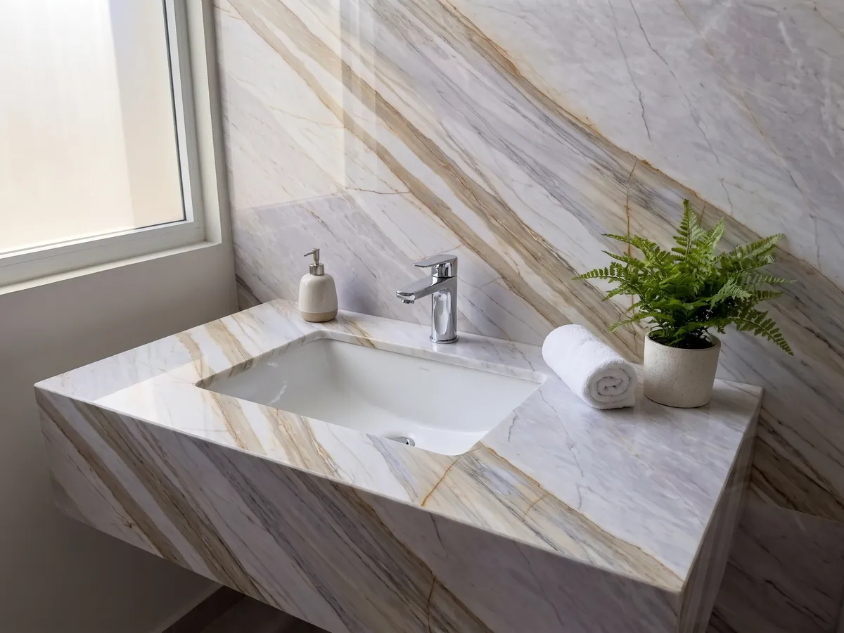 Cubierta de lavabo y pared de baño en mármol gris Calacatta Supreme con lavamanos blanco y grifería cromada: gris lavanda claro con bandas beige diagonales y finas líneas ocre