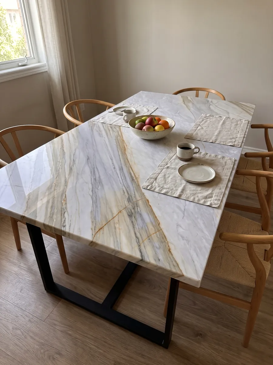 Mesa de comedor con cubierta de mármol gris Calacatta Supreme sobre base de acero: gris lavanda claro con bandas beige diagonales y finas líneas ocre