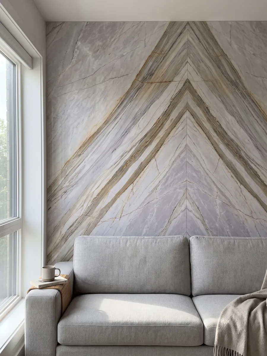Pared de sala revestida con placas de mármol gris Calacatta Supreme abiertas en libro detrás de un sofá: gris lavanda claro con bandas beige diagonales y finas líneas ocre